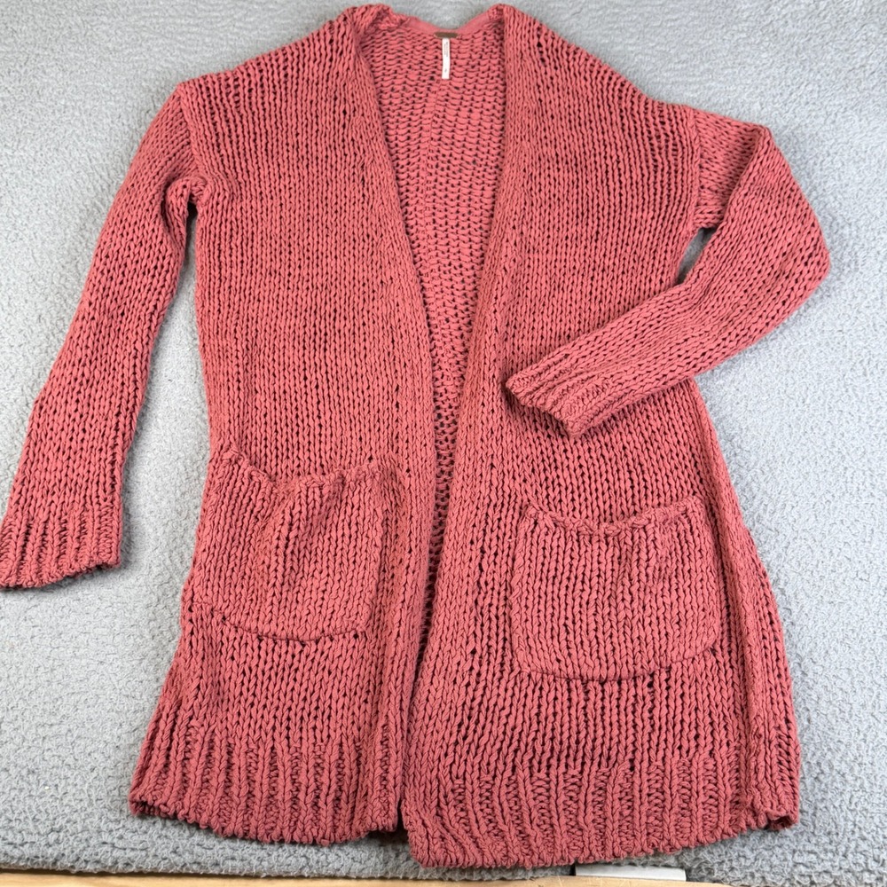 Free People Cardigan Womens Small Dusty Rose Open Knit Longline Chunky Sweater